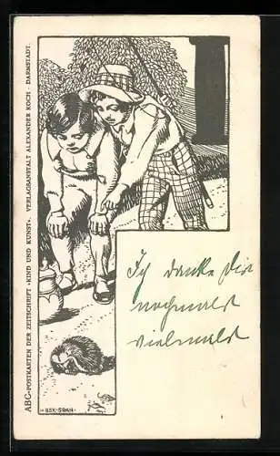 Künstler-AK sign. Hermann Bek-Gran: Kinder beobachten einen Igel, Jugendstil