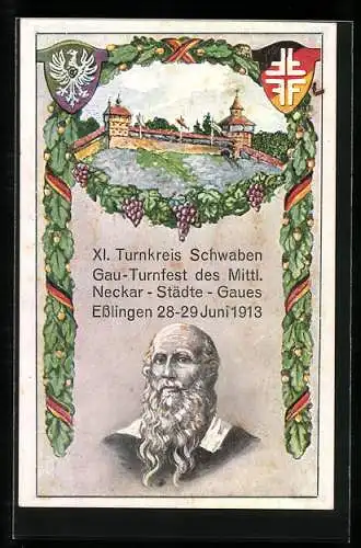 Künstler-AK Esslingen / Neckar, Gau-Turnfest des Mittl. Neckar-Städte-Gaues 1913, Turnvater Jahn und Festung