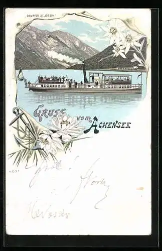 Lithographie Dampfer St. Joseph auf dem Achensee