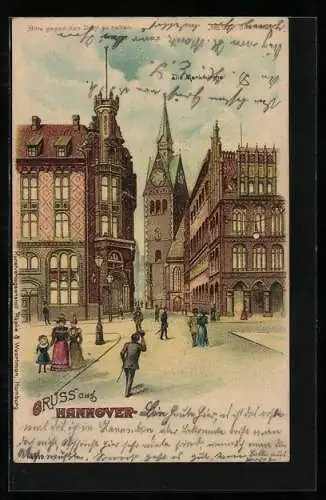 Lithographie Hannover, Blick zur Marktkirche, Halt gegen das Licht: Mondschein