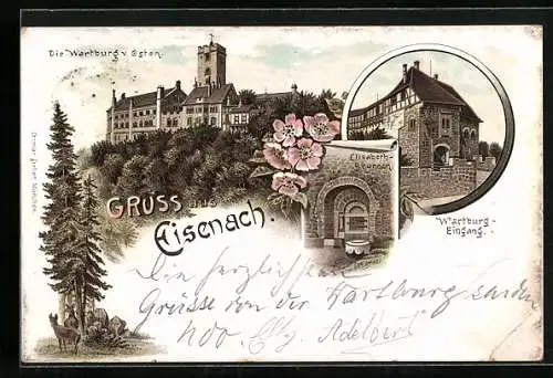 Vorläufer-Lithographie Wartburg, 1895, Blick auf die Burg, Elisabeth-Brunnen