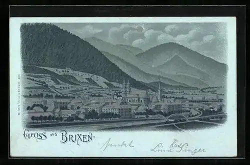 Mondschein-Lithographie Brixen, Panoramablick auf Ort und Gebirge