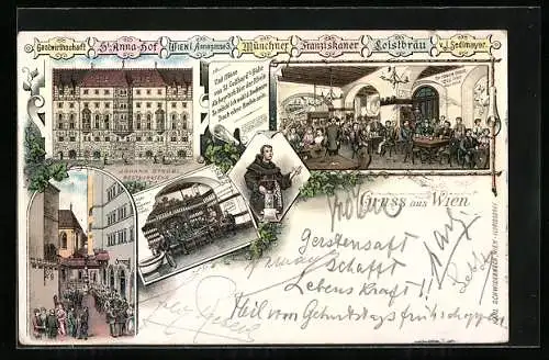 Lithographie Wien, Gastwirtschaft St. Anna-Hof, Annagasse 3, Johann Strobl, Fassade und Innenansicht