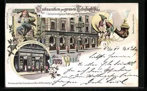 Lithographie Wien, Restaurant zur grossen Tabakspfeife, Goldschmiedgasse Trattnerhof, Weinkellerei zum Grabenkeller