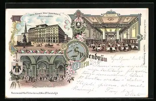 Lithographie Wien, Hotel Krantz, Neuer Markt 6, Spatenbräu-Ausschank