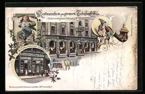 Lithographie Wien, Restaurant zur grossen Tabakspfeife, Goldschmiedgasse Trattnerhof, Weinkellerei Grabenkeller, Zwerge