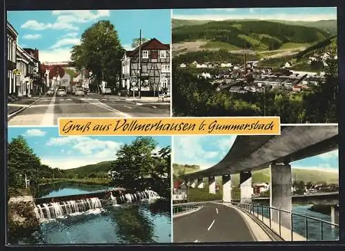 AK Vollmerhausen b. Gummersbach, Fluss mit Wehr, Strassenpartie und Gesamtansicht