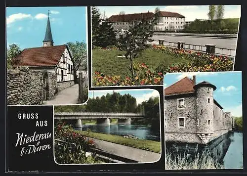 AK Niederau b. Düren, Ortsansicht mit Brücke