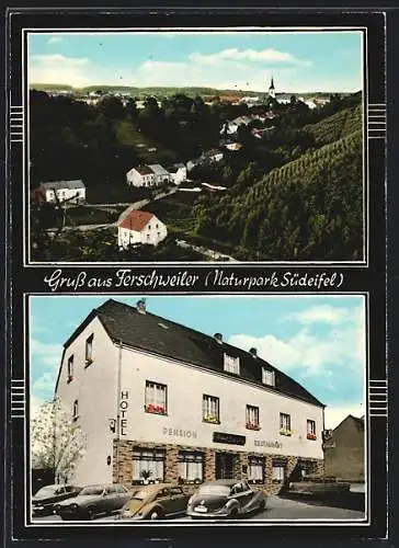 AK Ferschweiler /Südeifel, Hotel Haus Spohr, Ortsansicht aus der Vogelschau