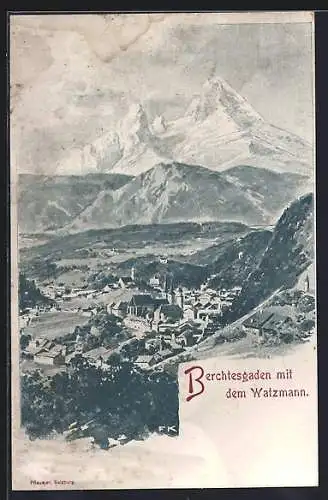 AK Berchtesgaden, Ortsansicht mit dem Watzmann