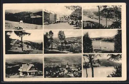 AK Vsetin, Gesamtansicht, auf dem Hauptplatz, am Haus über dem Tal, Blick auf den Fluss