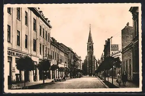 AK Oderberg, Strassenpartie mit Geschäften und Kirche