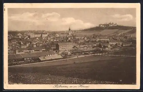 AK Pribram, Totalansicht mit Brücke und Schloss aus der Vogelschau