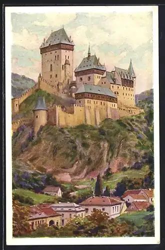 Künstler-AK Camil Vladislav Muttich: Karlstejn, Blick zur Burg