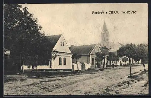 AK Cervene Janovice, Strassenpartie mit Kirche