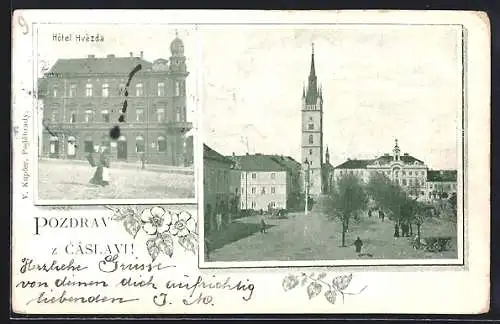 AK Tschaslau / Caslav, Hotel Hvezda, Marktplatz mit Kirche