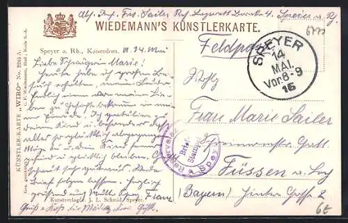 AK Lazarettstempel Speyer a. Rh., Reserve-Lazarett