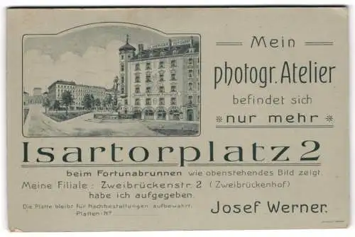 Fotografie Josef Werner, München, Isarthorplatz 2, Ansicht München, Brunnen und Ladenfront, Rückseite