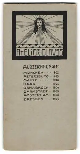 Fotografie Atelier Clauss, Landau /Pfalz, Marktstrasse 82, Art Deco Motiv mit Frauenkopf, Auszeichnungen