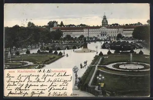 AK Karlsruhe, Schlossplatz mit Brunnen