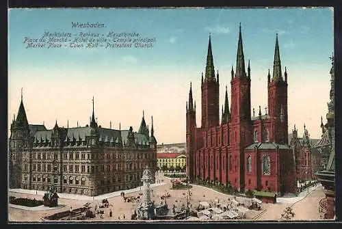 AK Wiesbaden, Marktplatz mit Rathaus und Hauptkirche