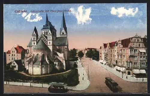 AK Coblenz, Löhrstrasse mit Herz-Jesu-Kirche und Strassenbahnen