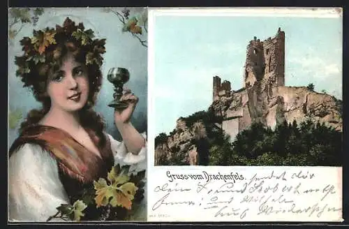 AK Gruss vom Drachenfels, Weintrinkerin