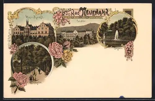 Lithographie Bad Neuenahr, Cur-Hotel, Kloster Maria-Hilf, Niesenallee