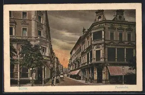 AK Bonn, Poststrasse mit Hotel Continental, Strassenbahn