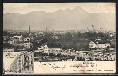 AK Rosenheim / Bayern, Hotel Deutscher Kaiser, Totalansicht mit Brücke und Bergen aus der Vogelschau