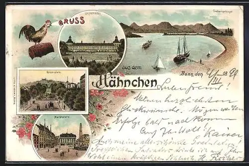 Lithographie Bonn, Kaiserplatz, Universität, Hahn auf Fass, Gruss aus dem Hähnchen