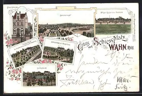 Lithographie Köln-Wahn, Schiessplatz, Barackenlager, Offiziercasino u. Parolehütte, Dienstgebäude