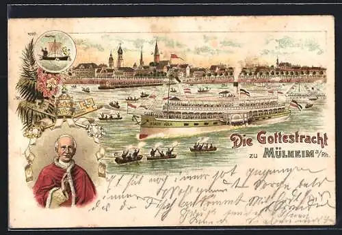 Lithographie Mülheim /Rh., Die Gottestracht, Dampfer und Boote, Geistlicher