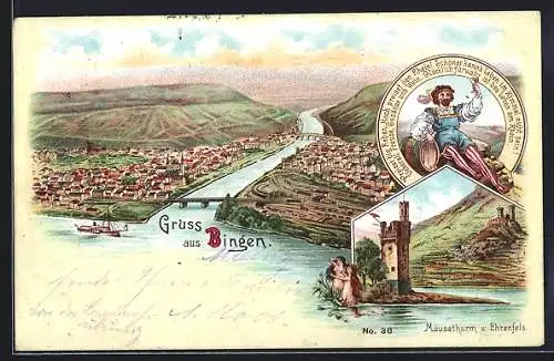 Lithographie Bingen / Rhein, Maüsethurm & Ehrenfels, Mann am Fass beim Prosten