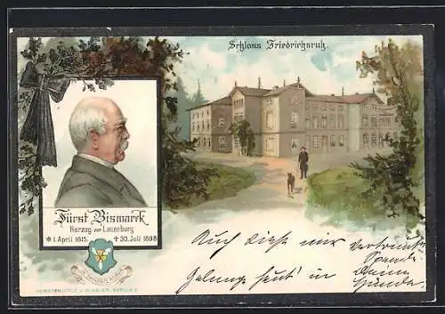 Lithographie Portrait Fürst Bismarck, Schloss Friedrichsruh, Rückseite: Bismarck- Mausoleum