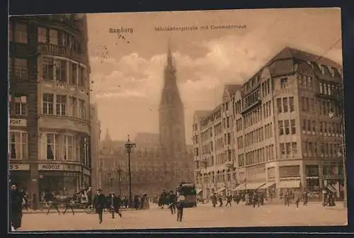 AK Hamburg, Mönckebergstrasse mit Geschäften und Commeterhaus