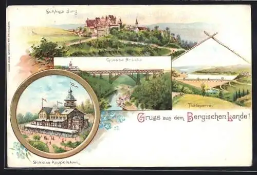 Lithographie Lennep, Hotel Kaiserhof und Schloss Burg, 4 Ansichten