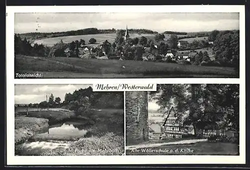 AK Mehren /Westerwald, Ortsansicht, Partie am Mehrbach, Alte Wällerschule