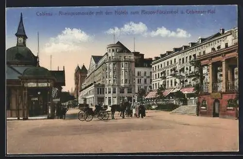 AK Koblenz, Rheinpromenade mit den Hotel zum Riesen-Fürstenhof und Coblenzer Hof