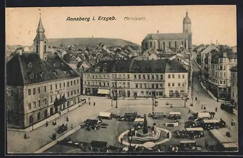 AK Annaberg i. Erzgeb., Marktplatz mit Rathaus, Kirche und Brunnen