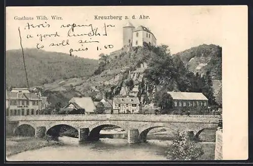 AK Kreuzberg / Ahr, Ansicht mit Burg, Gasthaus W. Wirz