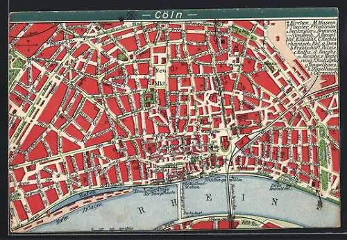 Künstler-AK Köln, Stadtplan mit Heumarkt, Severin-Strasse und Steinstrasse