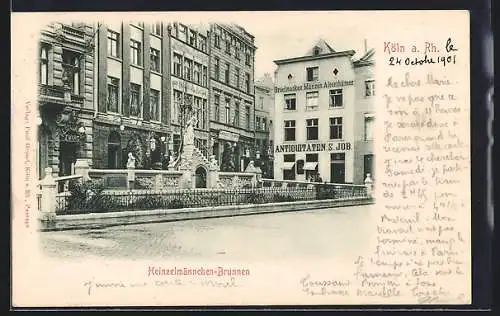 AK Köln a. Rh., Strassenpartie mit Geschäften und Heinzelmännchen-Brunnen