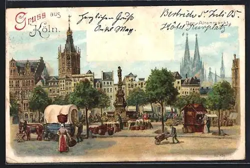 Lithographie Köln, Altenmarkt mit Kirche und Denkmal