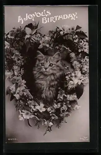 AK Kleine Katze im Blumenkranz, Geburtstagsgruss
