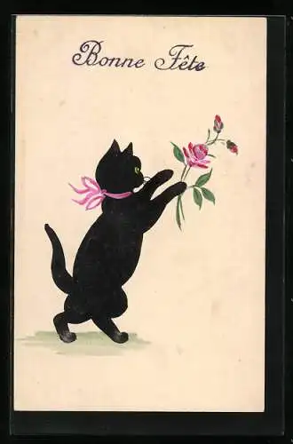 AK Schattenbild, Kater mit einer Rose, Geburtstagsgruss
