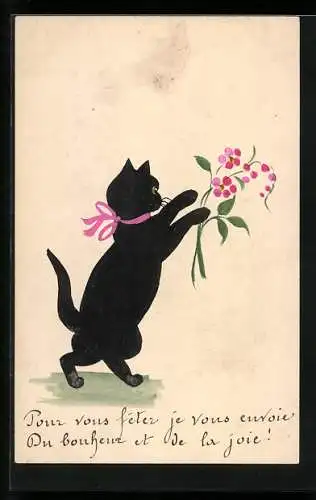 AK Schwarze Katze mit Blumen