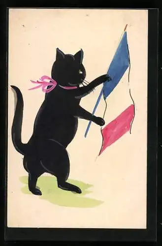 AK Schwarze Katze mit französischer Flagge