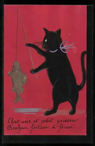 AK Schwarze Katze mit einem Fisch an der Angel