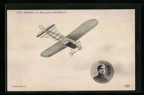 AK Flugzeug und Pilotenportrait, Simon sur Monoplan Bleriot